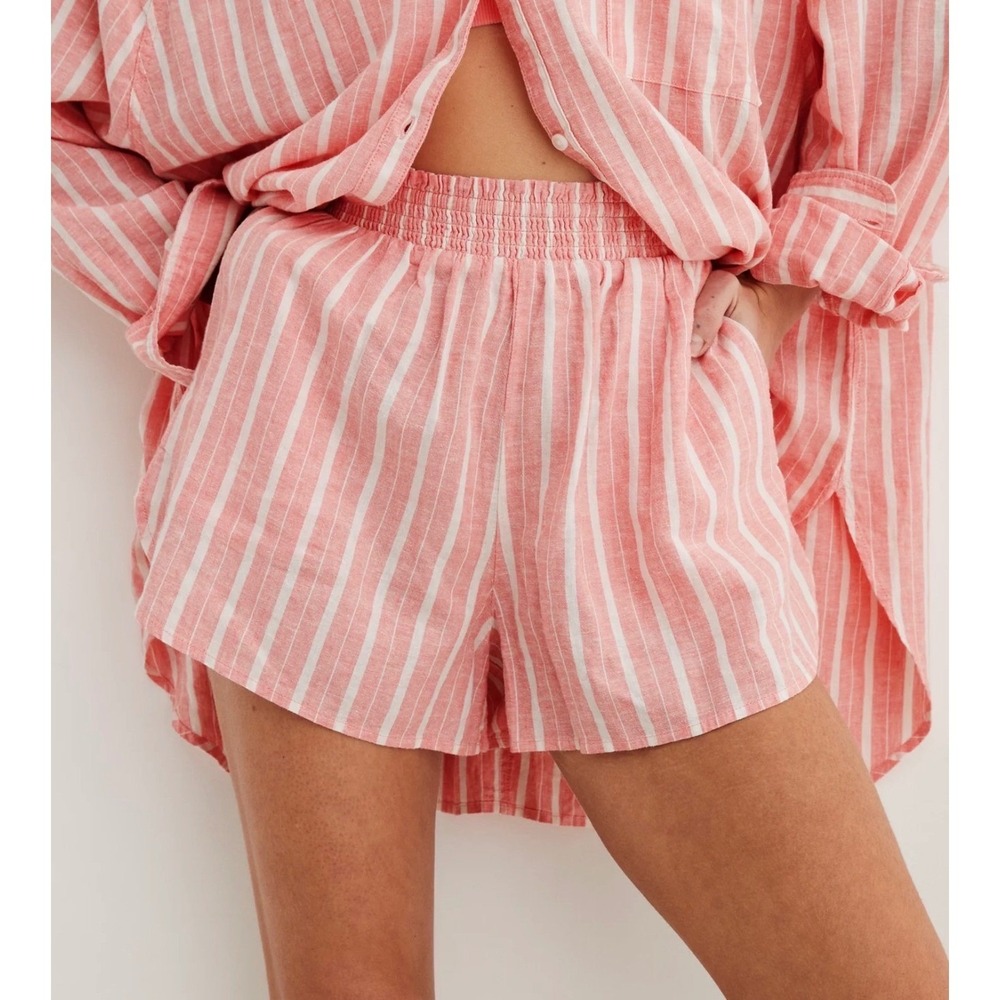 Aerie Linen Blend High Waisted Shorts Womens Size XS Coral Striped Summer Beach